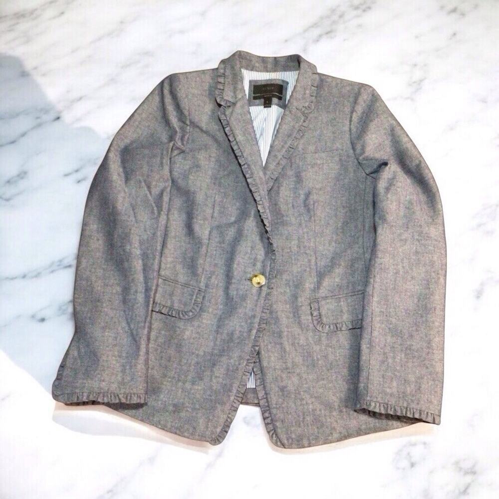 J. Crew Regent Blazer in Chambray w/Ruffle Trim Blue Cotton Outer Womens Size 8